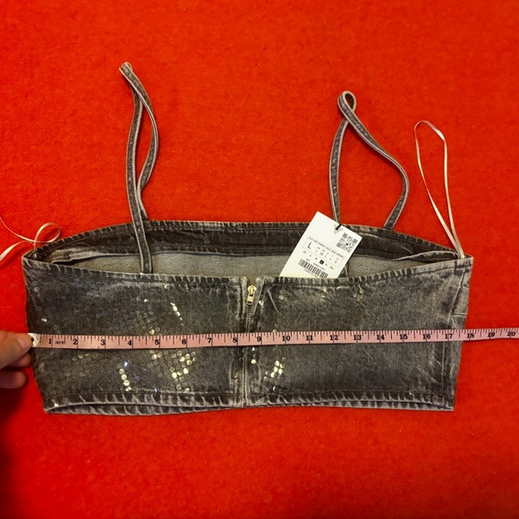 Zara light grey shiny denim crop foil sequin top made in Europe NWT - Picture 10 of 11